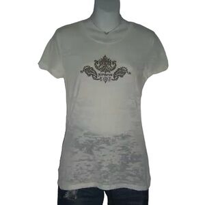 PrAna Tee Shirt Ivory Burn Out Brown Logo Artwork Casual Athleisure Sporty Yoga